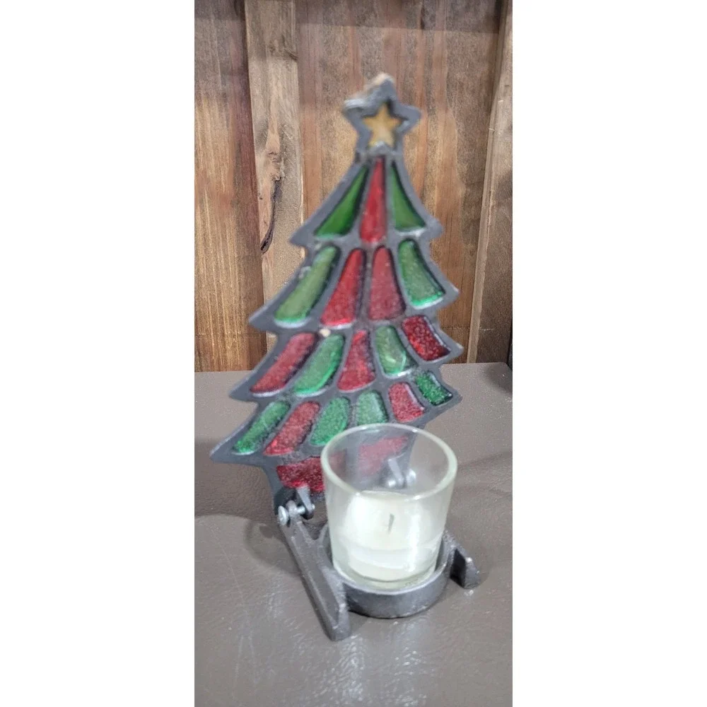 Vintage Interpur Cast Iron Stained Glass Christmas Tree Candle Holder 7.75